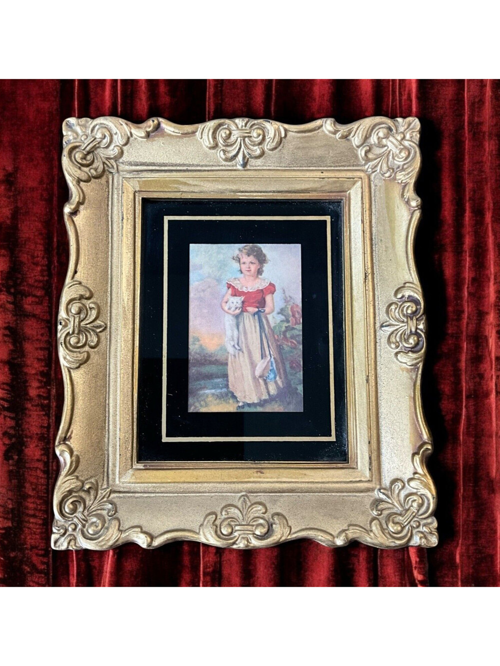 Vintage Small Gold Ornate Framed Art Print Girl With Cat Jane Freeman 6x7